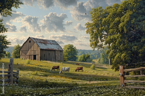 Tranquil Countryside Idyll: Barn and Grazing Cows