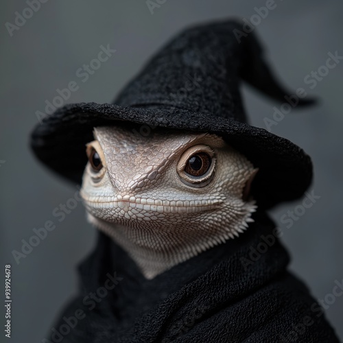 Mysterious lizard in a black hat photo