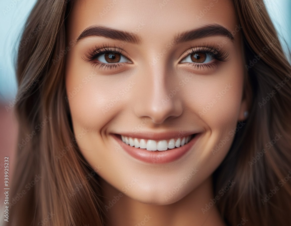 Portrait of a smiling beautiful young brunette girl or woman with dark straight hair, brown eyes, plump lips, long eyelashes and white teeth. Joy, happiness, confidence. Attractive smart bold look. AI Portrait of a smiling beautiful young brunette girl or woman with dark straight hair, brown eyes, plump lips, long eyelashes and white teeth. Joy, happiness, confidence. Attractive smart bold look. AI