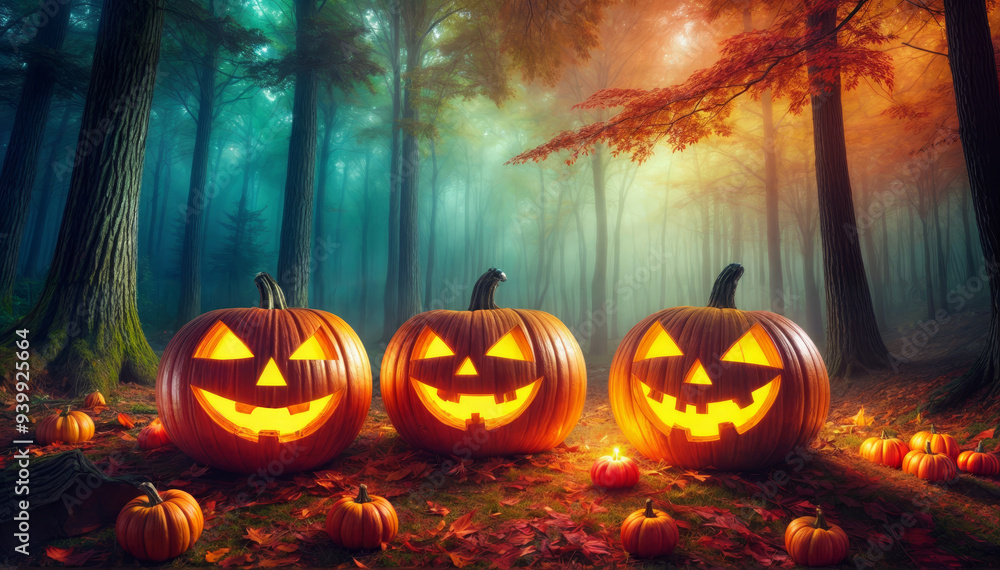 Festive halloween scene with three glowing jack-o'-lantern pumpkins and candles in orange and blue misty autumn forest at sunset background. Festive halloween scene with three glowing jack-o'-lantern pumpkins and candles in orange and blue misty autumn forest at sunset background.