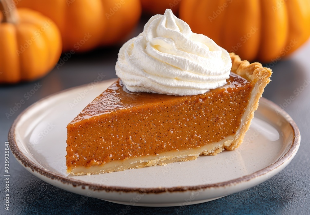Delicious homemade pumpkin pie with whipped cream topping Delicious homemade pumpkin pie with whipped cream topping