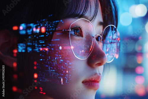 young woman with glasses gazes at glowing digital reflections on her lenses highlighting technology and futuristic themes