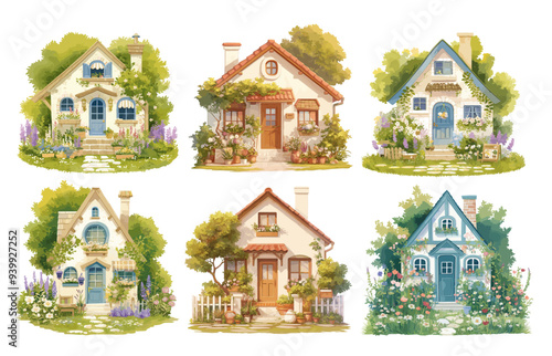 house garden watercolor. rural landscape, painting flowers drawing nature plants vector illustration