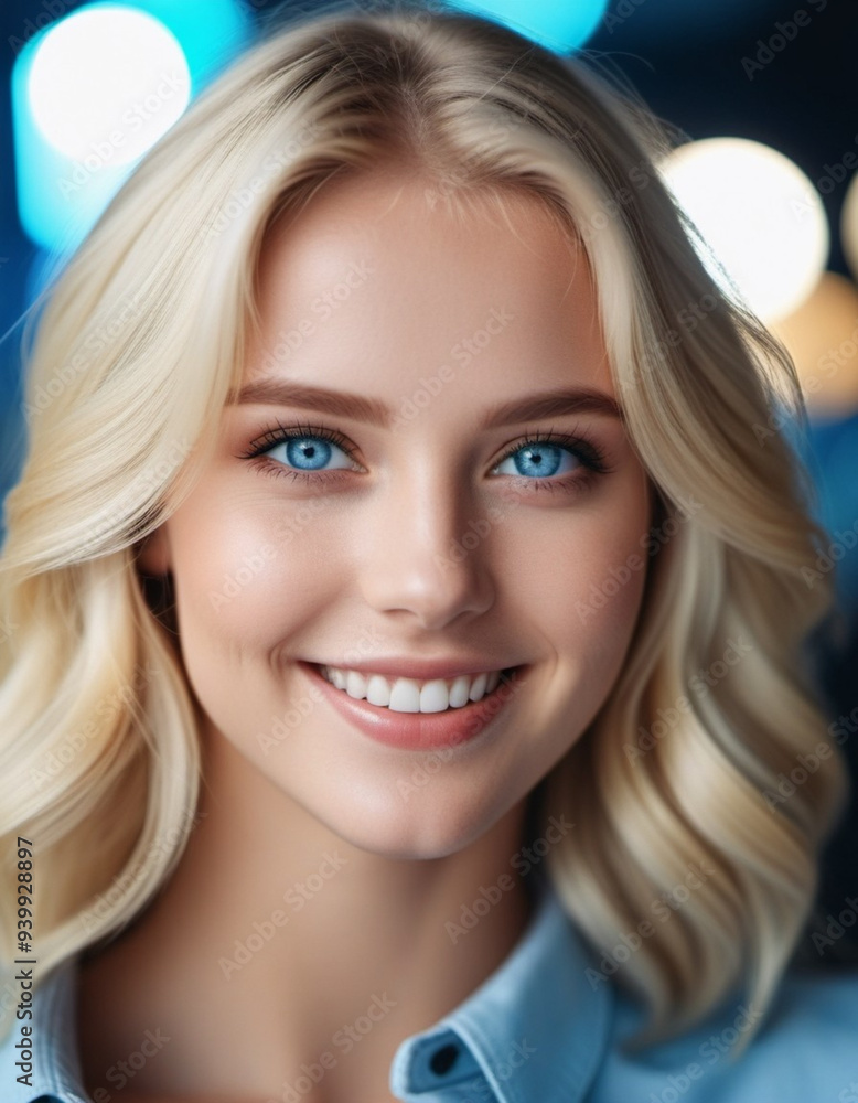 Portrait of a smiling beautiful young blonde girl or woman with straight flowing hair, blue eyes, long eyelashes and white teeth. Anamorphic bokeh. Friendliness, charm, joy and happiness. Generated AI Portrait of a smiling beautiful young blonde girl or woman with straight flowing hair, blue eyes, long eyelashes and white teeth. Anamorphic bokeh. Friendliness, charm, joy and happiness. Generated AI