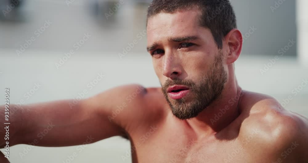 Man, breathe and sweating with rest for workout, exercise or fitness outdoor on floor with tired. Athlete, bodybuilder or person on break or sitting for training, physical activity or working out