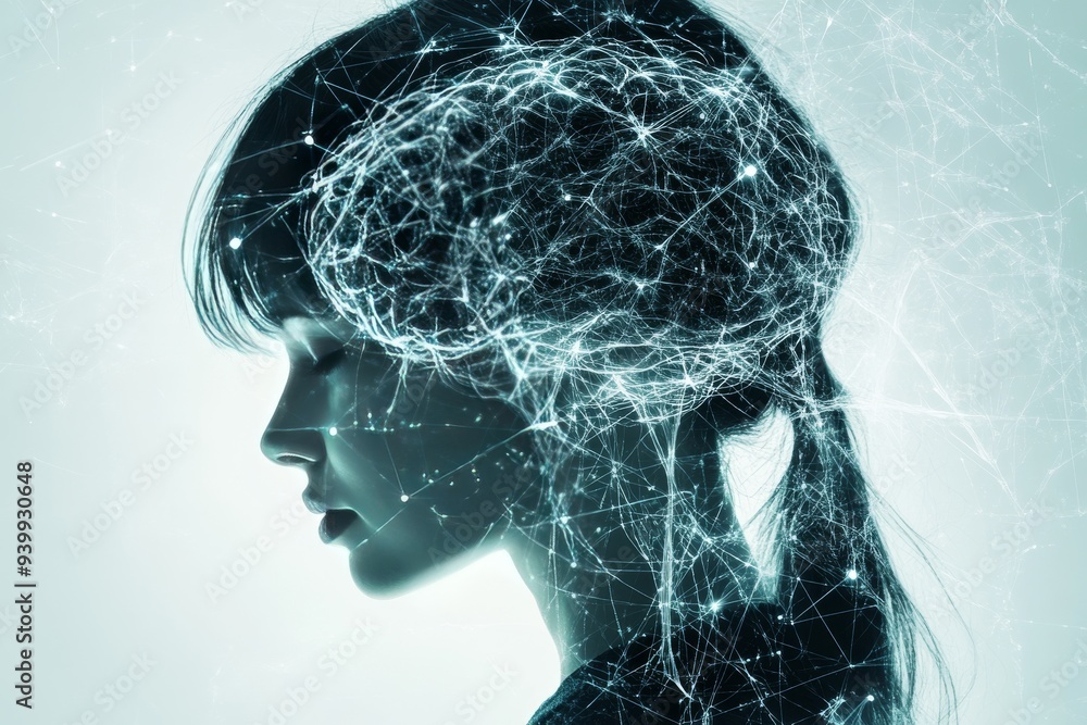 Profile of a Woman with a Glowing Brain Visualization Representing the Complexity of Thought Neural Connectivity and the Dynamic Energy of the Mind in a Digital Context Profile of a Woman with a Glowing Brain Visualization Representing the Complexity of Thought Neural Connectivity and the Dynamic Energy of the Mind in a Digital Context