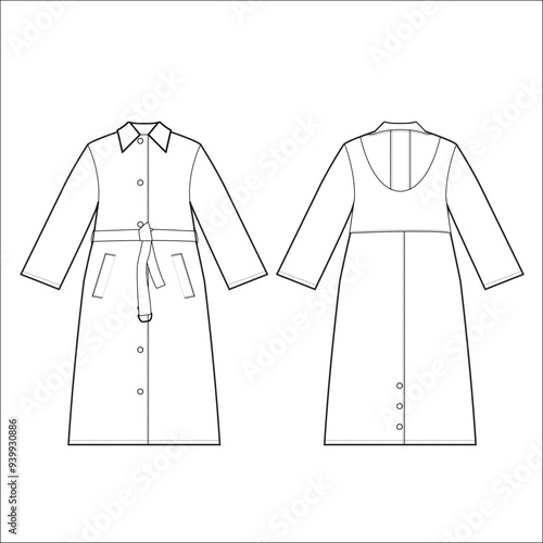 Oversized jacket technical fashion illustration with notched elongated lapel collar, long sleeves, welt pockets. Flat coat template front, back, grey color style. Women, men, unisex top CAD mockup