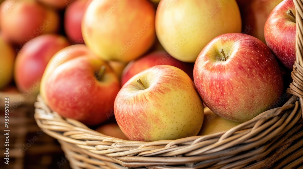 Freshly picked organic apples in a wicker basket, symbolizing farm-to-table freshness and health Freshly picked organic apples in a wicker basket, symbolizing farm-to-table freshness and health