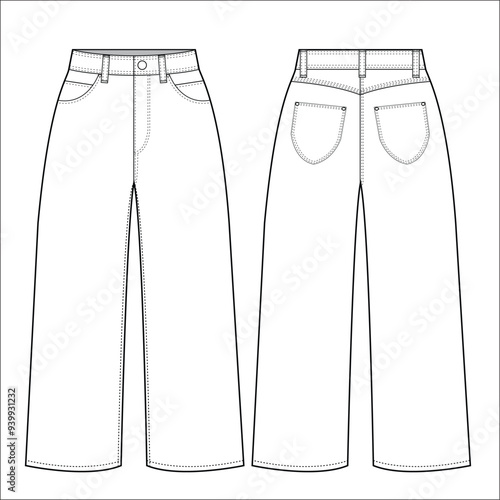 women wide straight leg jeans flat sketch vector illustration. front and back view cad drawing.