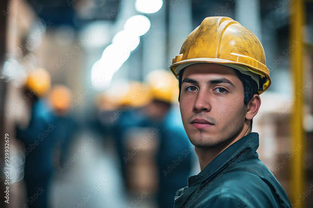 warehouse worker in a helmet in front of other warehouse workers in a warehouse, generative AI warehouse worker in a helmet in front of other warehouse workers in a warehouse, generative AI