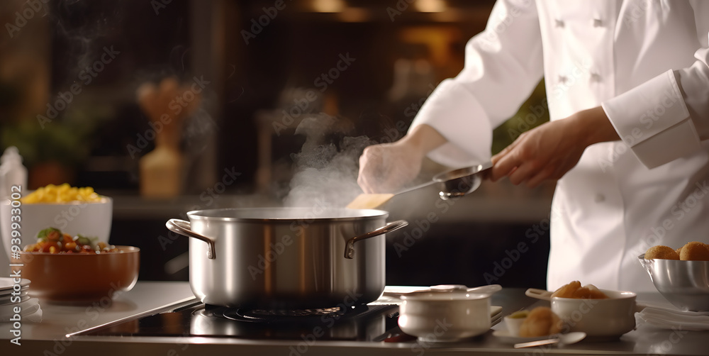 A chef in a professional kitchen prepares a meal using a steaming pot, celebrating culinary expertise on International Chefs Day A chef in a professional kitchen prepares a meal using a steaming pot, celebrating culinary expertise on International Chefs Day