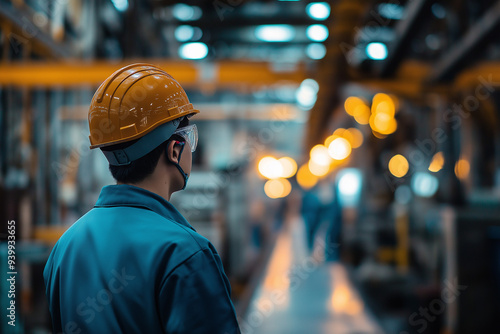 production line worker wearing a helmet in front of other production line workers in a factory, generative AI