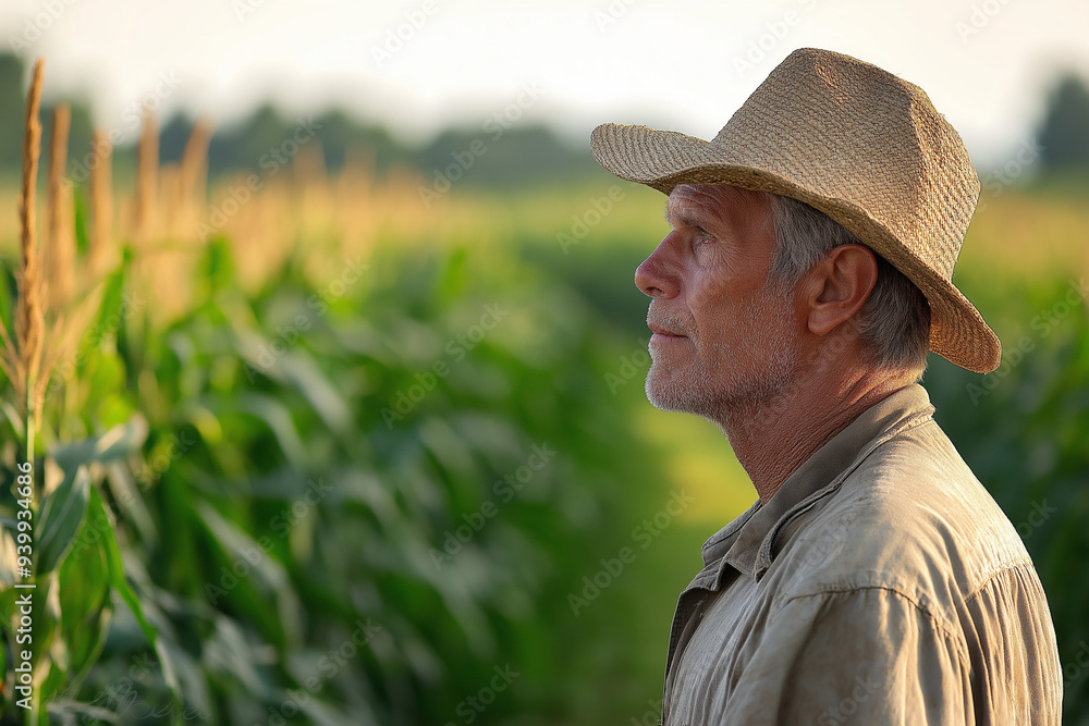 happy farmer in a cap in front of a corn field, generative AI happy farmer in a cap in front of a corn field, generative AI