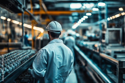 production line worker wearing a helmet in front of other production line workers in a factory, generative AI