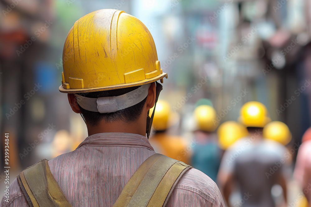 construction worker in a helmet against the background of other construction workers and construction structures, generative AI construction worker in a helmet against the background of other construction workers and construction structures, generative AI