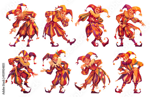 jester medieval. clown, harlequin joker character historical circus theater carnival masquerade costume vector illustration set