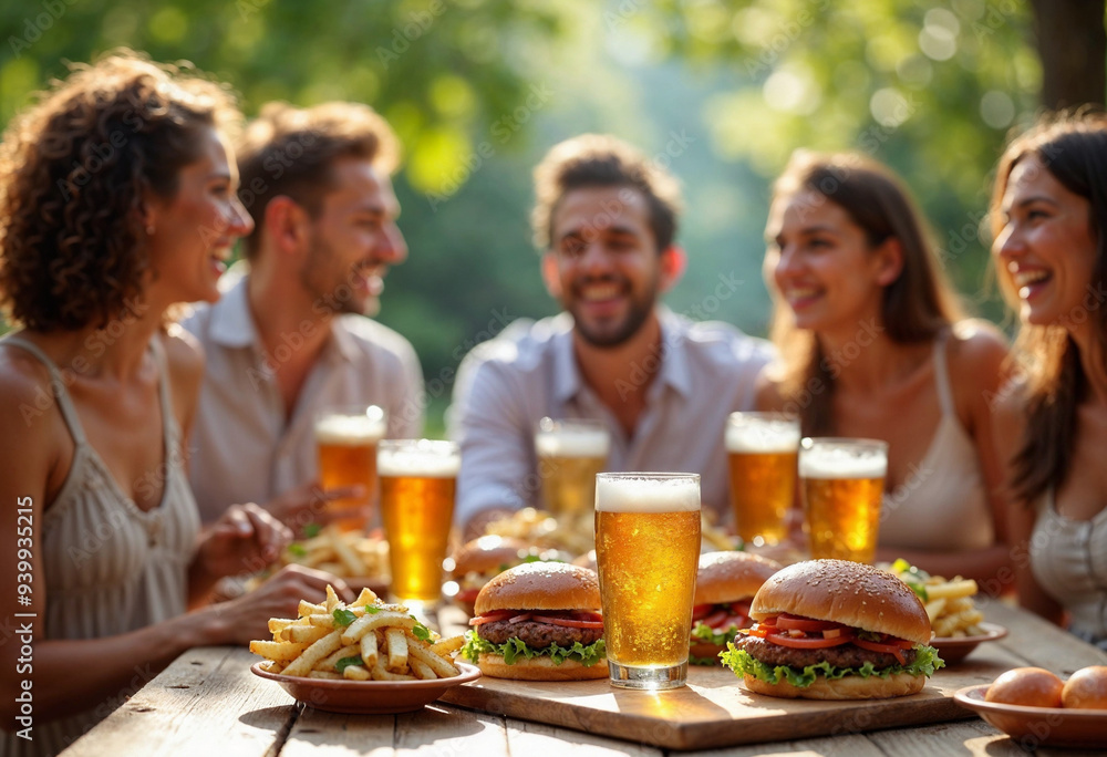 Friends enjoying a summer BBQ with burgers and beers on a table, in a sunny, lively outdoor setting.
Friends enjoying a summer BBQ with burgers and beers on a table, in a sunny, lively outdoor setting.