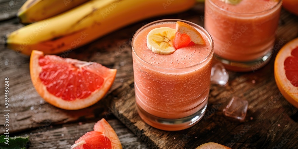 Smoothies made with grapefruit and banana on a weathered wooden surface Smoothies made with grapefruit and banana on a weathered wooden surface