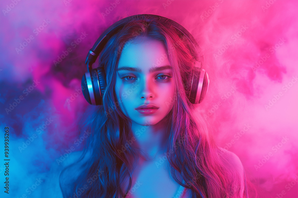 beautiful girl with big headphones on her head at a techno party illuminated by pink and blue party lights, generative AI beautiful girl with big headphones on her head at a techno party illuminated by pink and blue party lights, generative AI
