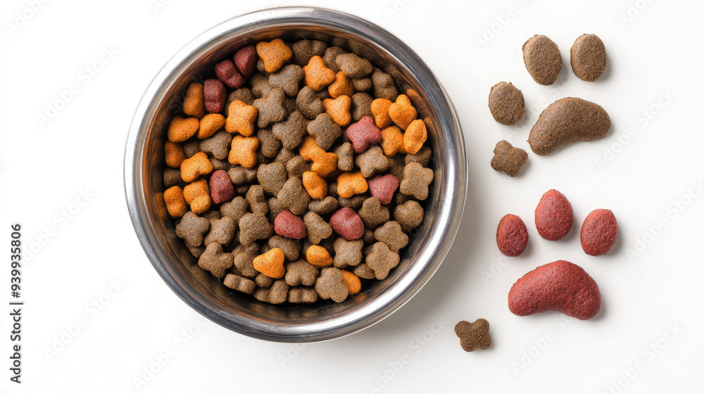 metal bowl with dry dog or cat food on white background, pet care, animal feeding, paws, domestic animals, nutritious, healthy, vitamins, meat, wheat metal bowl with dry dog or cat food on white background, pet care, animal feeding, paws, domestic animals, nutritious, healthy, vitamins, meat, wheat