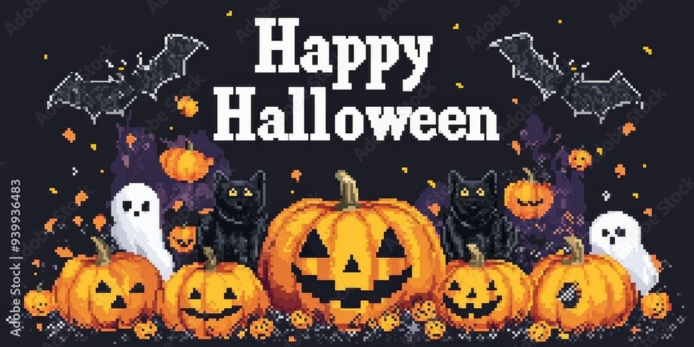 Halloween celebration with pumpkins, ghosts, and bats on a dark background in a festive illustration. Generative AI Halloween celebration with pumpkins, ghosts, and bats on a dark background in a festive illustration. Generative AI