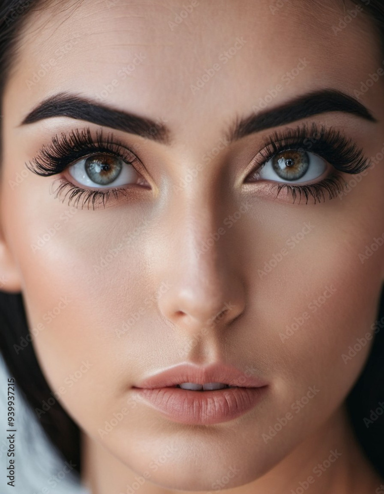 Fototapeta premium Portrait of a woman face, showcasing her eyes, nose. Her makeup is natural and subtle, highlighting her features. Beautiful large eyes with long black eyelashes, clearly defined black eyebrows. AI