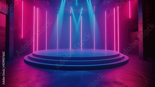 Neon-Lit Stage with Circular Platform