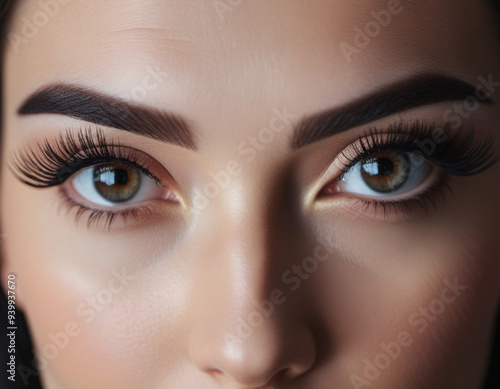 Portrait of a woman face, showcasing her eyes, nose. Her makeup is natural and subtle, highlighting her features. Beautiful large eyes with long black eyelashes, clearly defined black eyebrows. AI