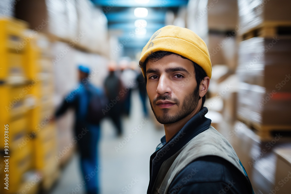 warehouse worker in a helmet in front of other warehouse workers in a warehouse, generative AI warehouse worker in a helmet in front of other warehouse workers in a warehouse, generative AI