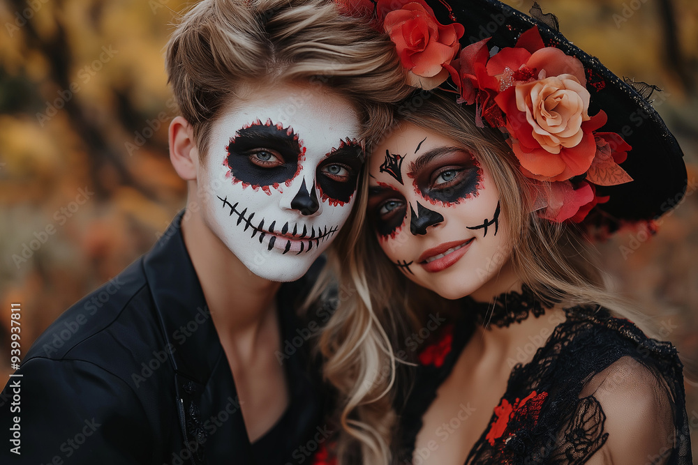 Fototapeta premium Teen couple with Halloween makeup and scary Halloween costume in the fall for Halloween, trick or treating, generative AI