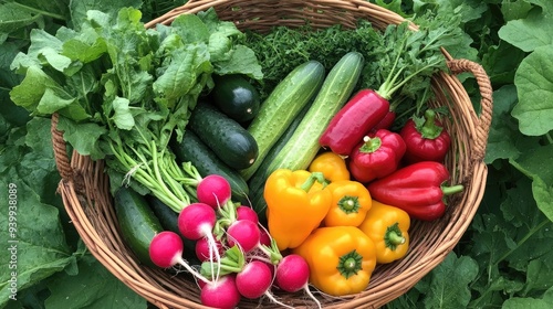 A basket filled with organic vegetables, including radishes, cucumbers, and bell peppers, freshly harvested