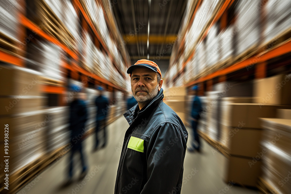warehouse worker in a helmet in front of other warehouse workers in a warehouse, generative AI