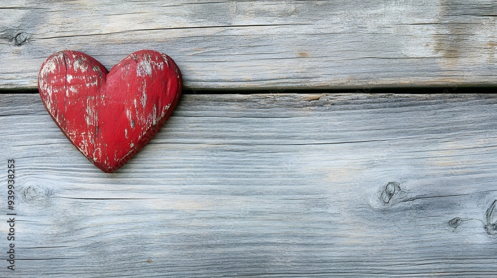 Fototapeta premium A red heart on an old wooden background symbolizes love and affection for a Valentine's Day celebration