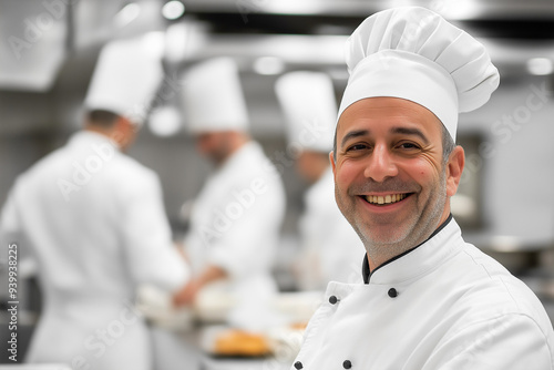 a chef wearing a chef's hat in the kitchen in front of other chefs cooking, generative AI