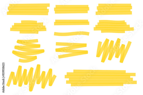 Set of highlight marker lines and strokes. Yellow transparent freehand pen or brush underlines for important text selection isolated on white background. Vector realistic illustration.