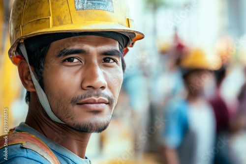 immigrant worker construction worker from another country wearing a helmet in front of other construction workers and construction site, generative AI