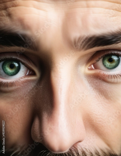 close-up portrait of mans face, focusing on his eyes and nose. The image is in focus and captures the intricate details of his features, including his green eyes and subtle lines around his nose. photo