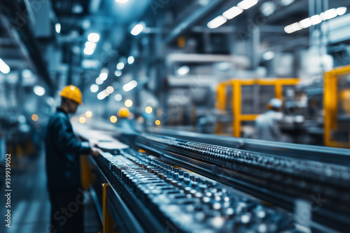 production line worker wearing a helmet in front of other production line workers in a factory, generative AI