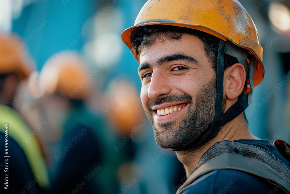 construction worker in a helmet against the background of other construction workers and construction structures, generative AI construction worker in a helmet against the background of other construction workers and construction structures, generative AI