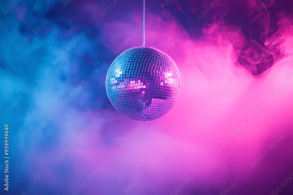 Obraz premium silver disco ball reflecting pink and blue light against a background of disco smoke illuminated by pink and blue light, generative AI