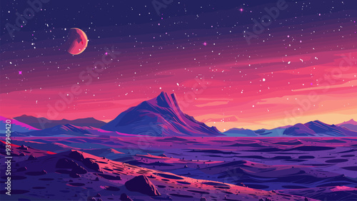 martian landscape. space view, planet moon mountains stars panorama horizon surface alien desert arid stone vector illustration