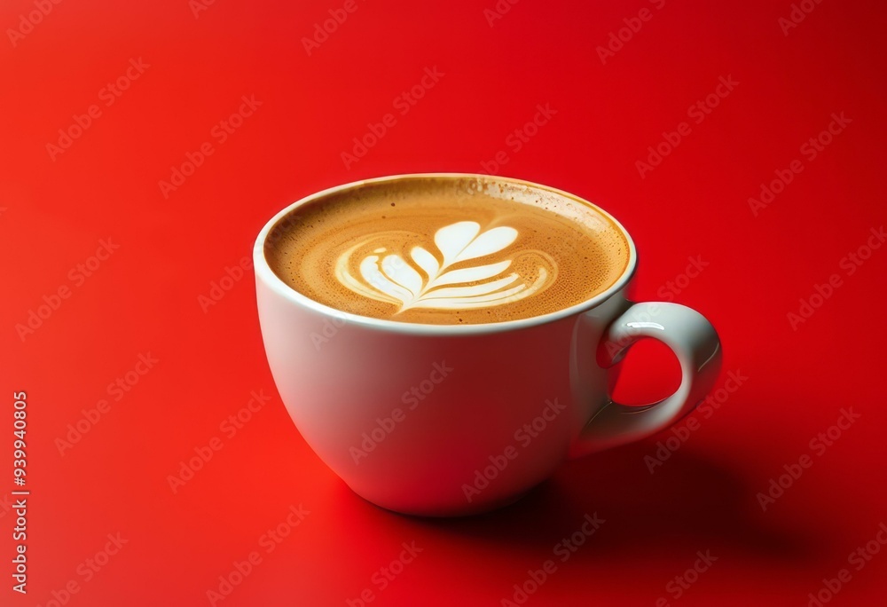 Latte Bowl with Heart Art on Red Background Latte Bowl with Heart Art on Red Background