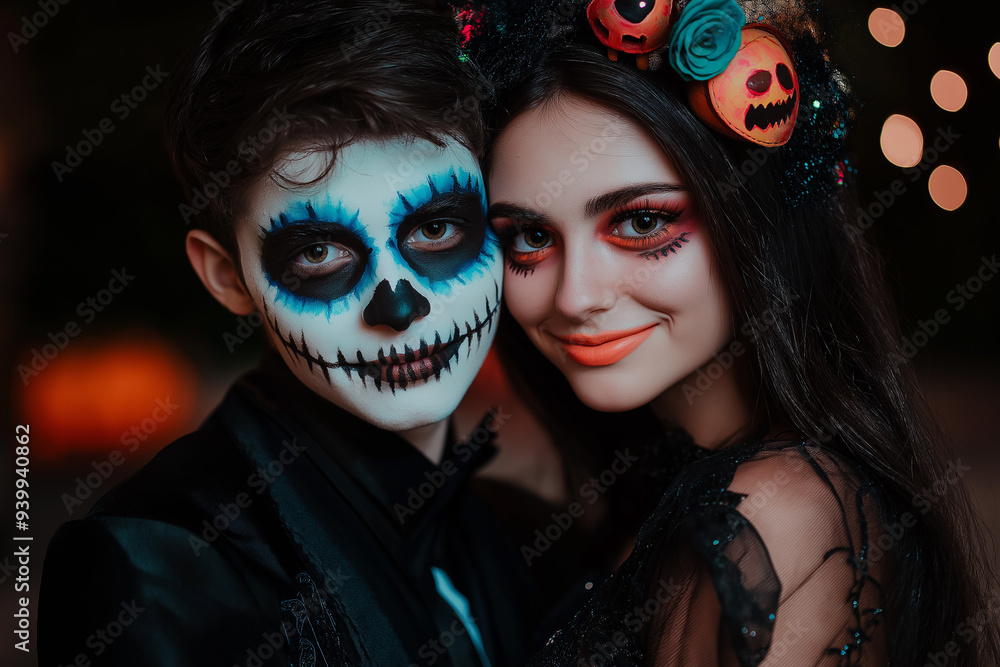 Obraz premium teen couple at Halloween party with Halloween makeup and scary Halloween costume, generative AI