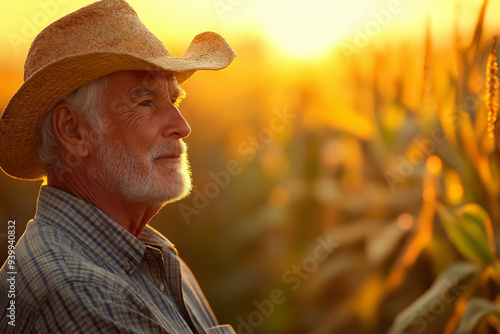 happy farmer in a cap in front of a corn field, generative AI