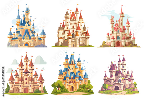 medieval castle set flat. palace architecture building fairy tale. vector cartoon illustration