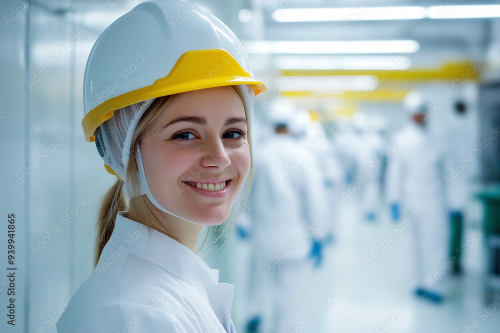 production line worker wearing a helmet in front of other production line workers in a factory, generative AI production line worker wearing a helmet in front of other production line workers in a factory, generative AI