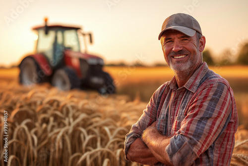 happy farmer in a cap in front of a wheat field and a tractor driving on it, wheat import, grain import, generative AI