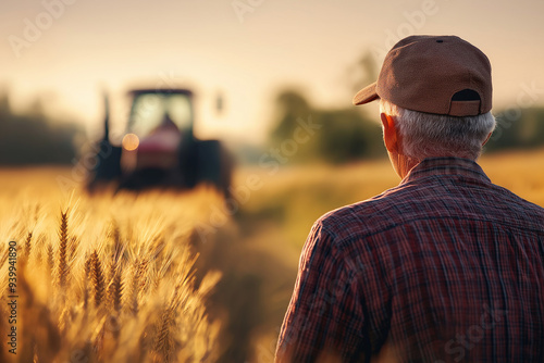 Obraz na płótnie happy farmer in a cap in front of a wheat field and a tractor driving on it, wheat import, grain import, generative AI w salonie