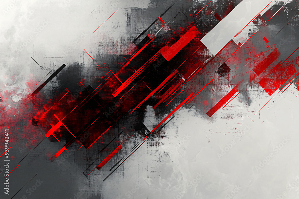Naklejka premium A striking abstract composition featuring dynamic red and black geometric lines, with sharp angles and smoky effects on a white background