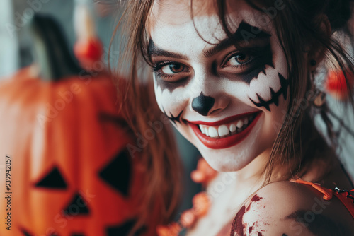 teenager with halloween makeup and scary halloween costume in fall for halloween, trick or treat, generative AI